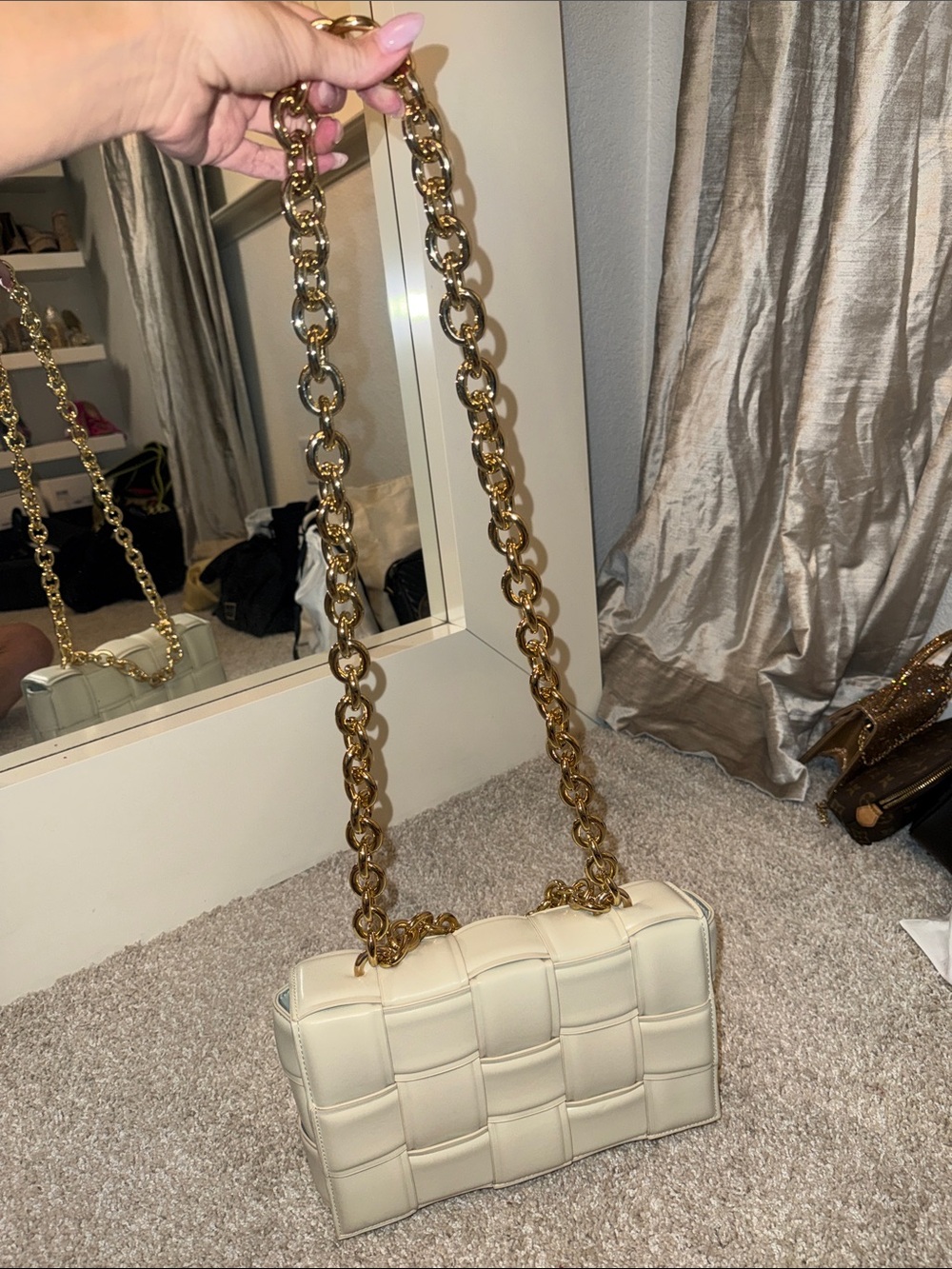 Cream Quilted Shoulder Bag with Chunky Gold Chain